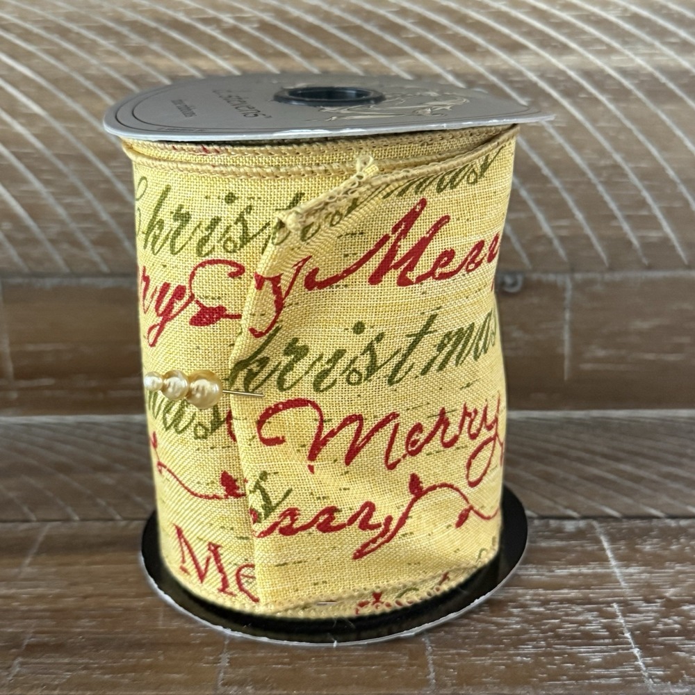 D Stevens 4" Wired Ribbon "Merry Christmas" Gold Red Green Script Holiday Decor